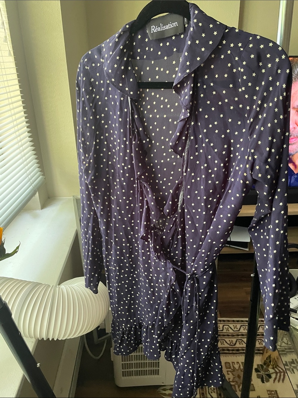 Realisation Par Navy Star-Print Ruffle Wrap Dress